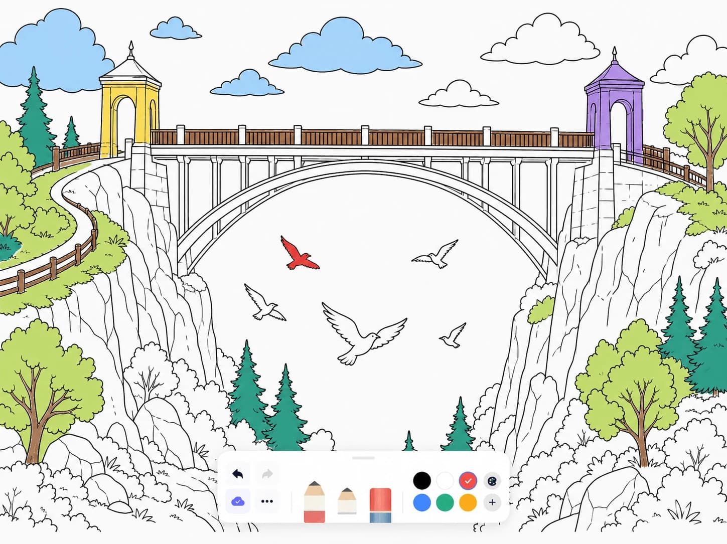 Coloring a bridge and waterfall in voilà’s drawing app