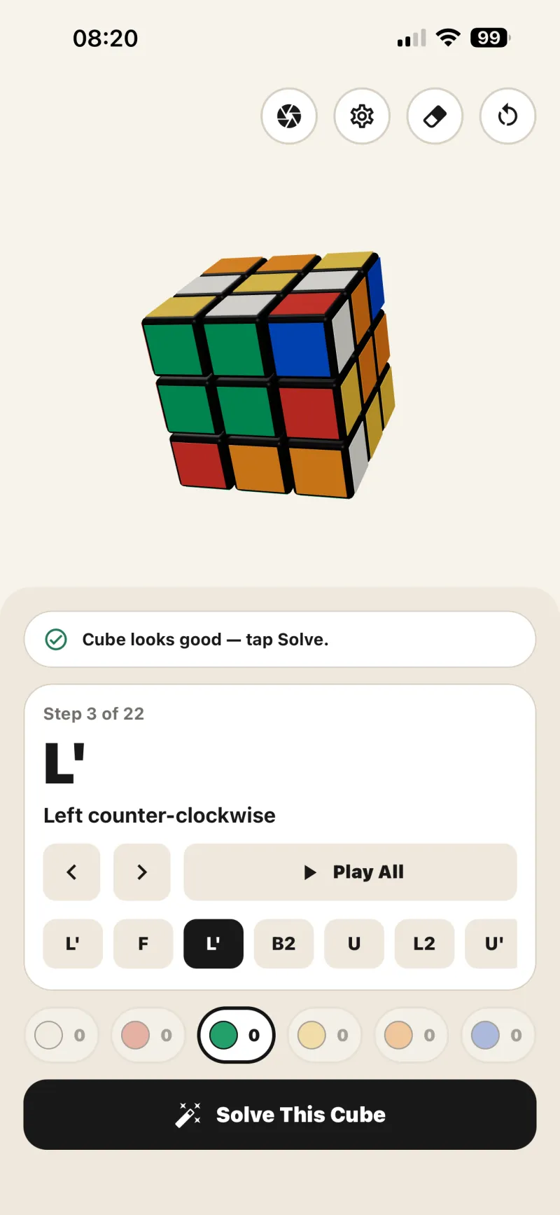 Wurfel’s real app showing an animated next move